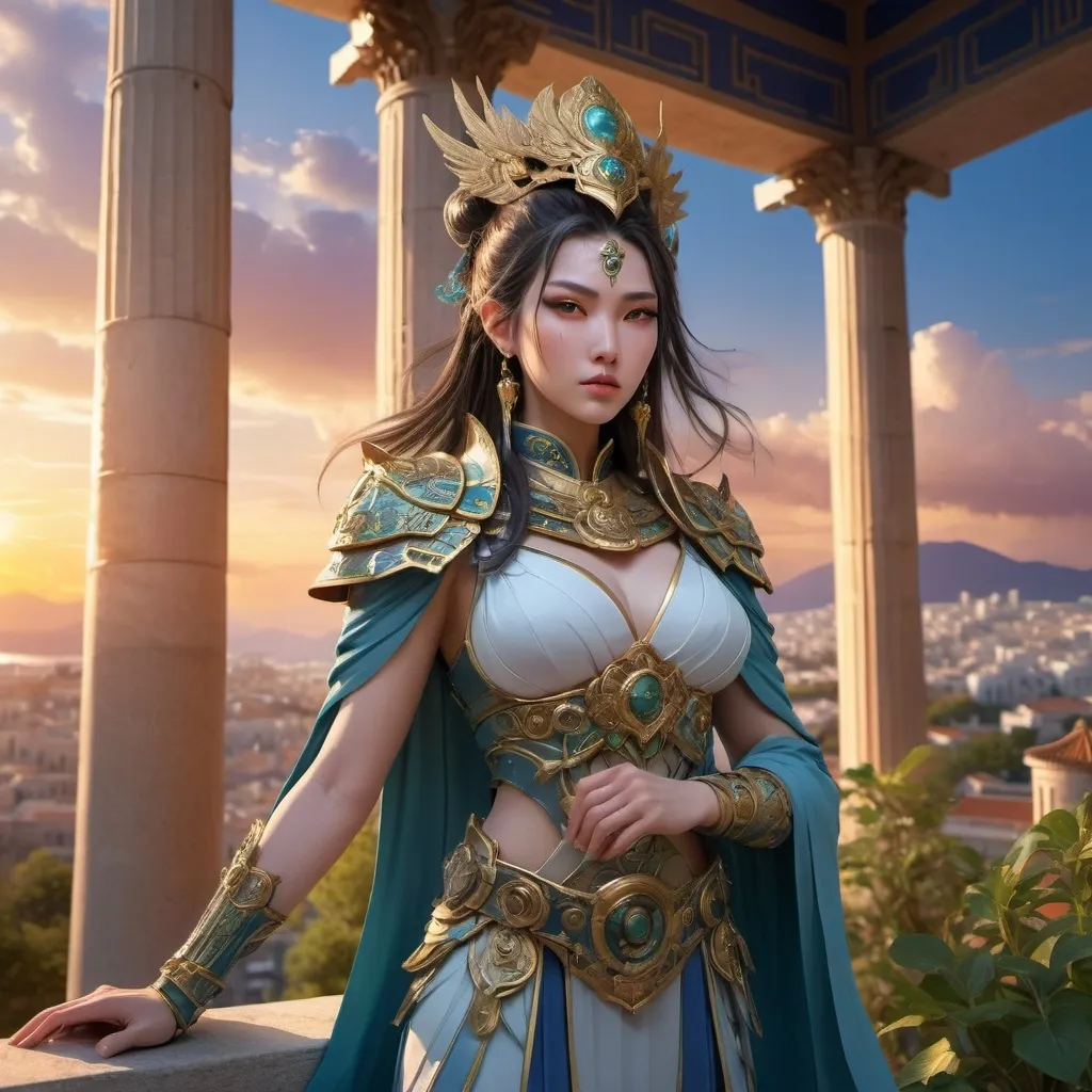 Prompt: Ancient Chinese sorceress as a greek general with an ancient greek city in the background in anime style