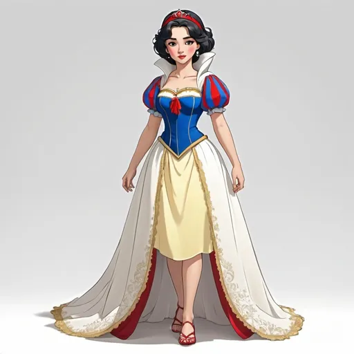 Prompt: in anime-style, a full body of a young warrior-princess looking like a latina Snow White with a white background in anime-style. Her dress is like the Disney princess