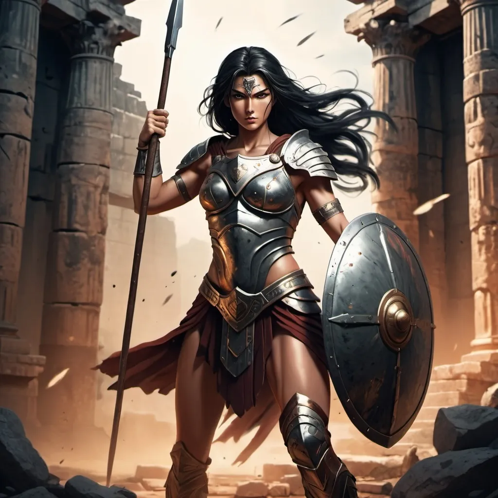 Prompt: In anime-style, a full-body of a spartan warrior woman with a spear and shield with a "lambda"  she has long black hair