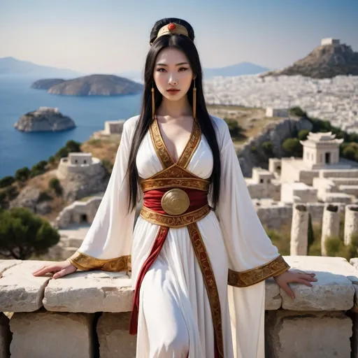 Prompt: Ancient Chinese sorceress in greek dress  with an ancient greek city in the background