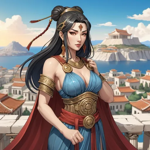 Prompt: Ancient Chinese sorceress as a greek general with an ancient greek city in the background in anime style