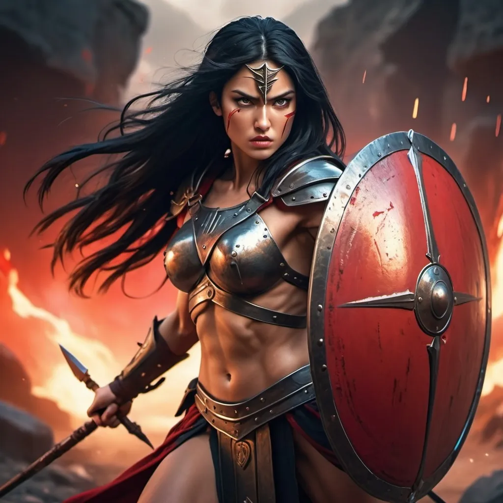 Prompt: In anime-style, a full-body of a spartan warrior woman with a spear and red shield but no armor. she has long black hair