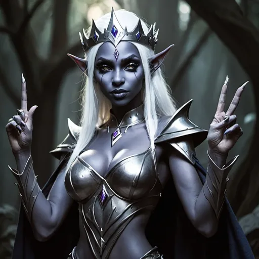 Prompt: Drow elf female with a jagged metal crown pointing at me
