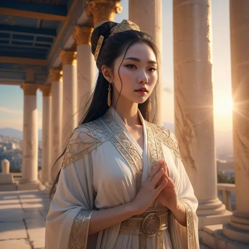 Prompt: Ancient Chinese sorceress in greek dress  with an ancient greek city in the background