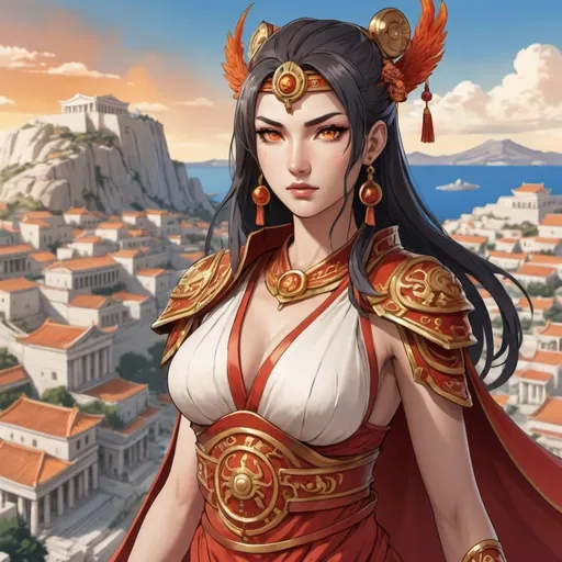 Prompt: Ancient Chinese fire sorceress as a greek general with an ancient greek city in the background in anime style