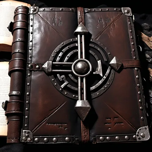 Prompt: masculine ancient dark art spell book leather very worn metal accents  cage runes witchcraft embossed intersecting lines rivets metal grid chaos