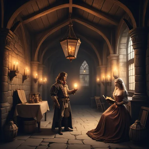 Prompt: A roguish bard is attempting to romance a fair maiden while her husband is away, alone in a large in a dark medieval castle room. It is lit only with lanterns. There are no other people around.