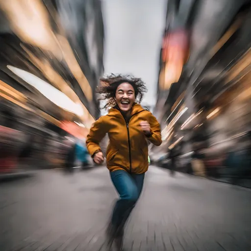 Prompt: A happy person in motion, captured with long exposure photography Nikon D850 DSLR camera f/4. ISO 200