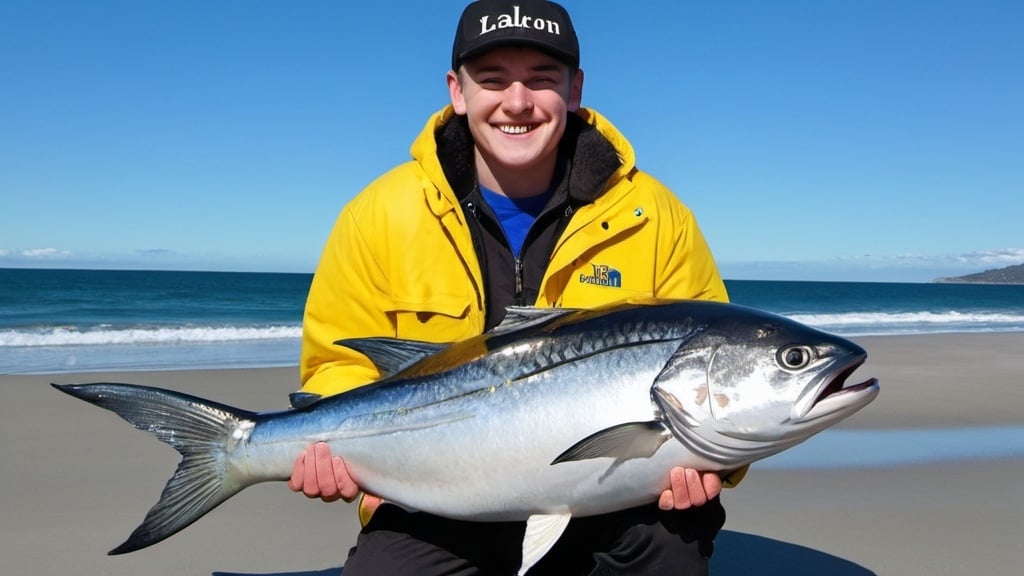 Prompt: Create an image of a person named Liam Blacklock holding a large 10kg king fish. The person is smiling and standing on a beach. The fish is silver and shiny, with visible scales and fins. The background shows a clear blue sky and the ocean. Liam has a fully shaved head. Wearing a black Ralph Lauren cap. And a yellow and black north face jacket. And an Apple ultra 2 watch. 