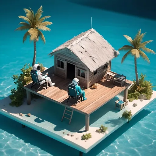 Prompt: miniature isometric world render, a hut surrounded by clear water, bahamas, on a table, and a astronaut sitting in a chair seen from a distance in 8k 