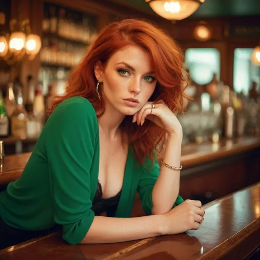 Prompt: Glamour photography of woman in paris, red hair, green eyes, leaning over a bar in the style of Guy Aroch 