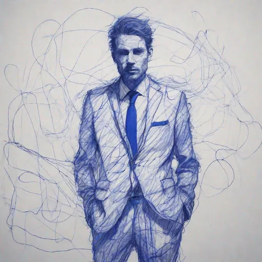 Prompt: a drawing of a man in a suit made with scribbles and messy lines,blue ballpoint,monochrome