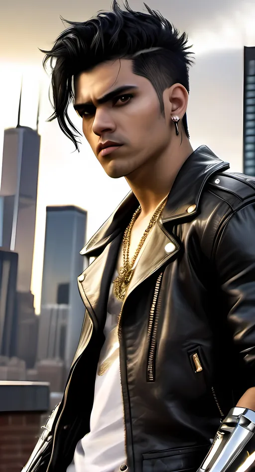 Prompt: The character is Hispanic man . Skin is tan. Character standing on rooftop overlooking Chicago 2050. Clothes are baggy. very young A fierce warrior with spiky, gravity-defying black hair wearing black leather jacket, black t shirt, gold chain with battle-worn details. Intense eyes radiate energy, with a red or white aura emanating from their body. fists crackling with electricity. The art style emphasizes sharp lines, dark colors, and dramatic shading. Night time