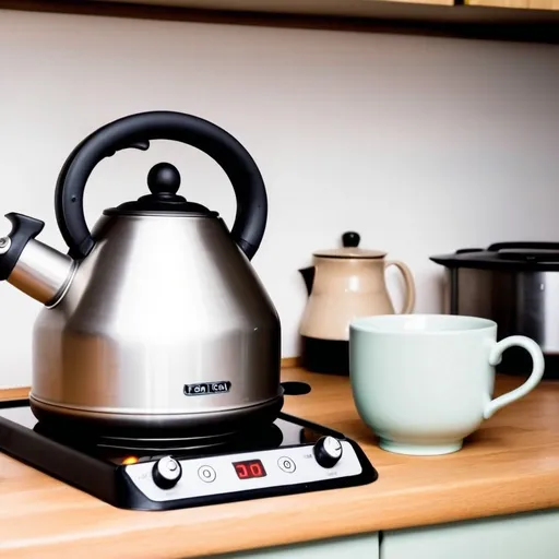 Prompt: Boiling water to make a cup of tea. show only the kettle boiling water in the kitchen and empty cup 