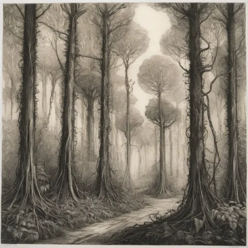 Prompt: Drypoint etching, fantasy forest, tall trees, thick vines
