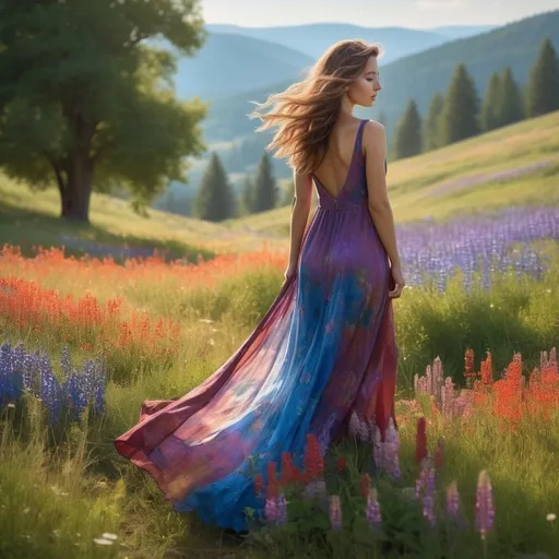 Prompt: A high-resolution, lifelike photo of a young woman with long, wavy brown hair cascading down her back. She is wearing a flowing red dress made of translucent, vibrant fabric that catches the sunlight, creating a subtle, iridescent glow. The dress gently sways with the breeze, revealing hints of the meadow's lush greenery beneath its sheer layers.

The woman stands in a sunlit meadow, her face illuminated by the warm, golden sunlight that filters through the trees. The meadow is a riot of color, filled with an abundance of wildflowers in full bloom. There are daisies with their bright white petals and golden centers, poppies in vivid shades of red and orange, lupines in deep purples and blues, and clusters of pink and yellow wildflowers. Each flower seems to radiate its own vibrant hue, their colors intensified by the sunlight.

In the background, there are rolling hills covered in lush green grass, dotted with even more wildflowers creating a beautiful tapestry of colors. A few tall trees stand majestically, casting soft, dappled shadows across the landscape. The sky above is a clear, brilliant blue with a few fluffy white clouds lazily drifting by. The sunlight gives the scene a magical quality, with translucent beams creating a gentle, ethereal effect on the entire landscape.

The woman's expression is serene and joyful, her eyes reflecting the vibrant colors of the wildflowers around her. The overall composition of the image captures the essence of a peaceful, idyllic summer day in the countryside. The rich, vivid colors of the flowers and the interplay of light and translucence enhance the beauty and tranquility of the scene, making it a stunningly beautiful and enchanting moment.
