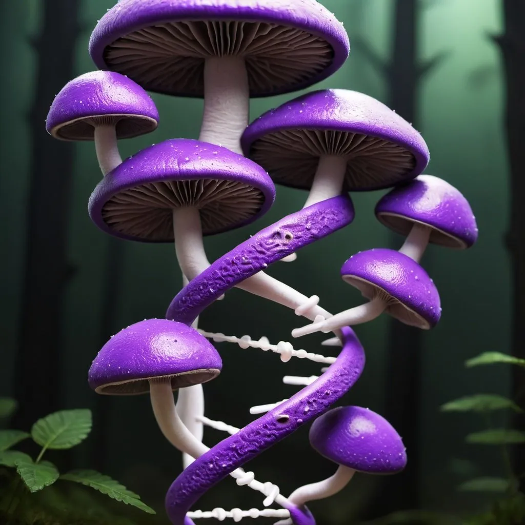 Prompt: purple mushrooms spawning into DNA helix