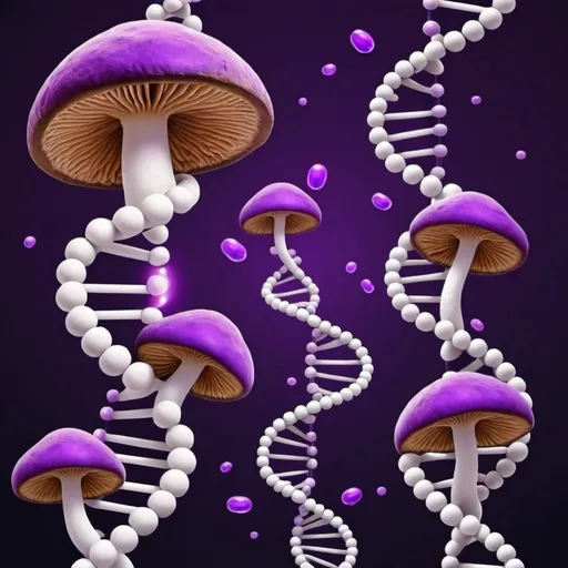 Prompt: mushrooms coming up from pills and turning into a DNA helix, in psychedelic style using purple cartoon space 