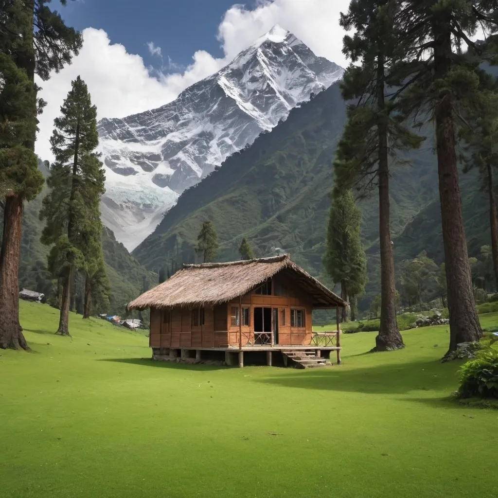 Prompt: a small hut like house on a lush green lawn surrounded by tall pine tree in the middle of Himalayan mountains 