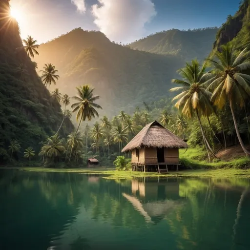 Prompt: rising sun amidst small mountains, underneath lies a lake surrounded by banks having coconut tree and a small hut