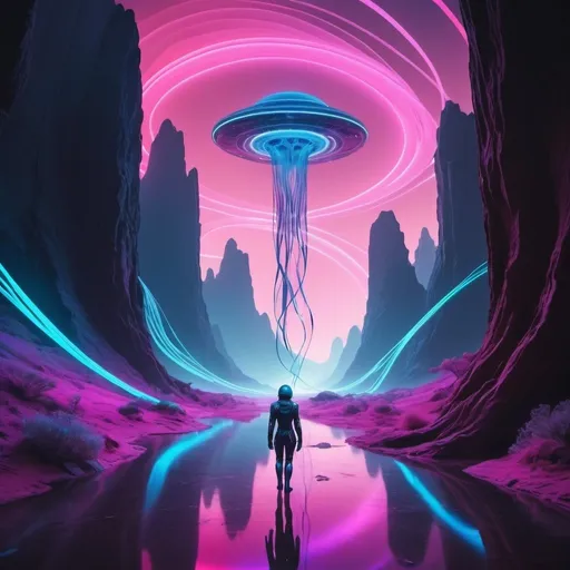 Prompt: An ethereal AI being, composed of flowing digital ribbons, guides a group of explorers through a breathtaking alien landscape bathed in neon light 