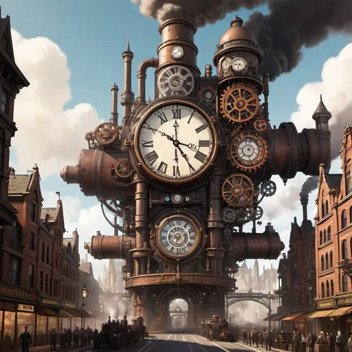 Prompt: A steampunk city built on a giant clock face with gears turning for buildings and steam billowing from chimneys