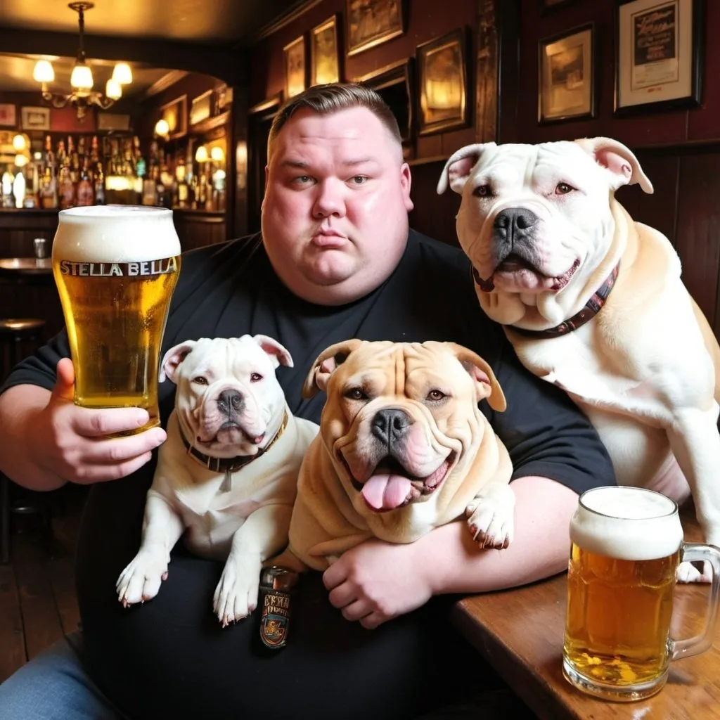 Prompt: fat man down the pub with 2xl bully dogs and stella beer