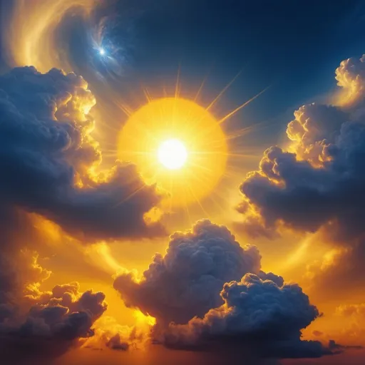 Prompt: (mystical scene), two realistic suns in a vibrant sky, brilliant hues of (yellow and blue ) swirling together, enveloping clouds in a soft yellow, serene atmosphere, beautiful twilight, striking contrast, 4K resolution (3000 by 3000 pixels), ultra-detailed, captivating celestial majesty, enchanting horizon.