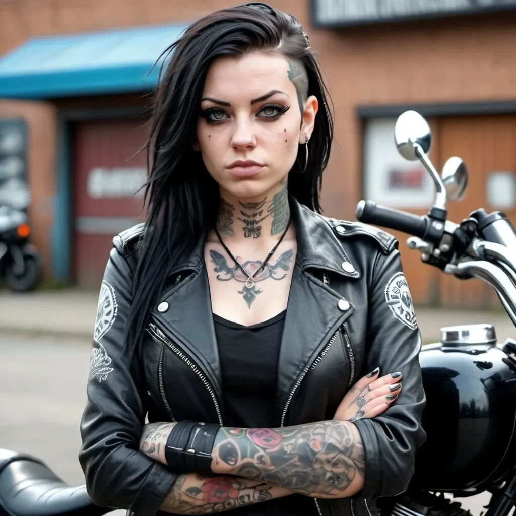 Prompt: a photoreal, beautiful biker girl with face tatoos and long dark hair shaven on one side. Emo, punk style, standing beside a cruiser style motorcycle folding her arms and wearing black leathers and a tight top under jacket. Face piercings. Super realistic.