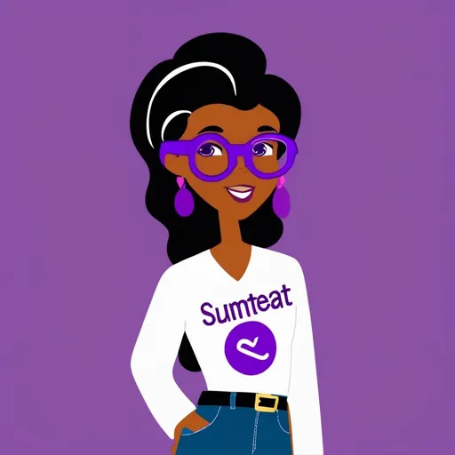 Prompt: animated black lady with glasses with a white shirt on with purple writing that says sumteat & treats as a logo on it with some jeans on 