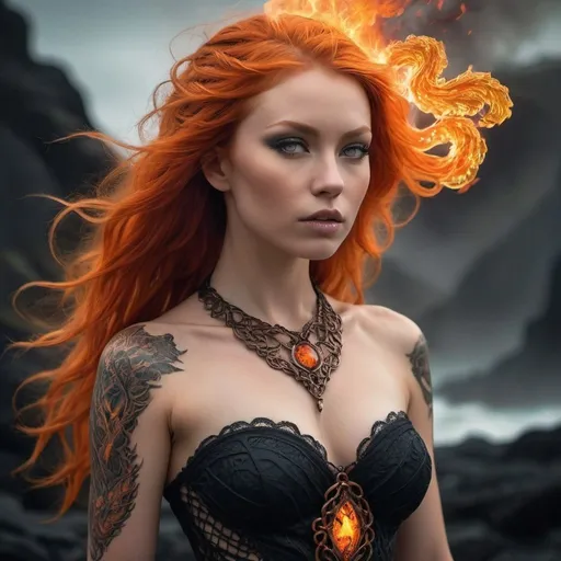 Prompt: A captivating conceptual photograph showcases a dark fantasy goddess of the dragon, exuding an aura of power and command.  Her fiery orange hair cascades down her shoulders, complemented by intricate patterns of fire adorning her skin. A magnificent wave of flame engulfs her body, accentuating her majestic presence. The goddess dons a dark, elegant lace gown and a unique pendant necklace, 
contrasting her fiery appearance. Her body is adored by Celtic tattoos. Her intense, powerful gaze seems to hold the very power of the wind, as her eyes pierce through the misty landscape. 
The sinister, otherworldly atmosphere is enhanced by the misty background, dominated by an active wind of the sky. This enchanting blend of fantasy, 
conceptual art, and striking photography creates a mesmerizing and unforgettable scene., conceptual art, photo, dark fantasy