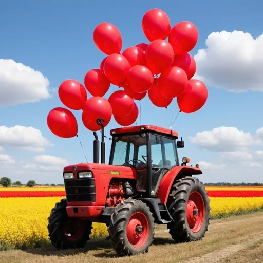 Prompt: Un tractor rojo, con unos globos detrás, con nubes y sol, y que ponga Ángel cumple y el número 4