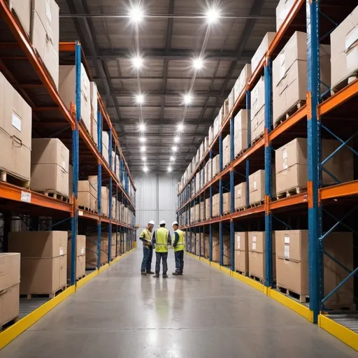 Prompt: a image of a industrial storage with people working with safety
