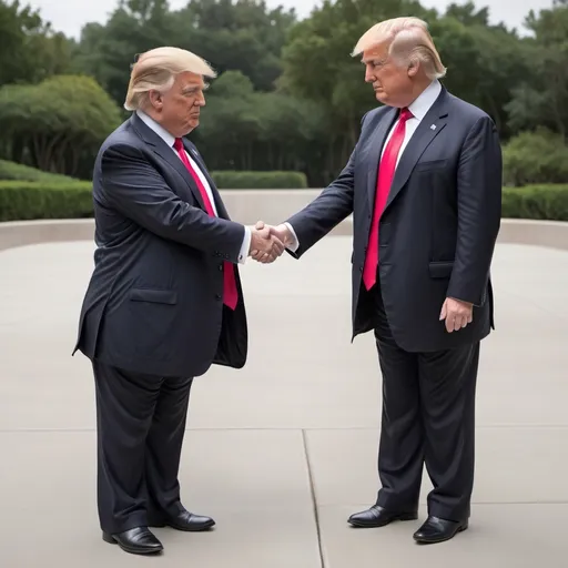 Prompt: real photograph of Midget Donald Trump shaking hands with Tall Donald Trump, photorealistic