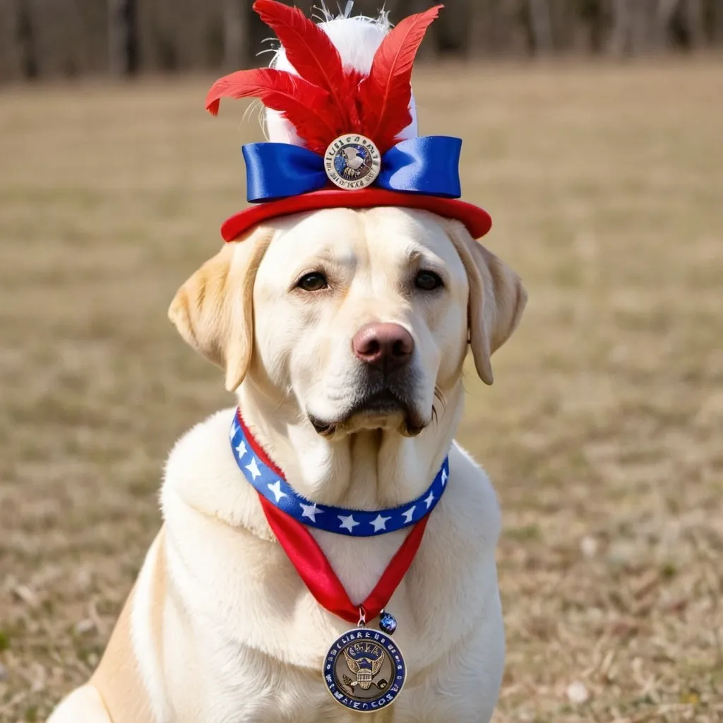 Prompt: I want a picture of a yellow lab wearing a red, white, and blue fascinator. A red, white, and blue ribbon hangs around her neck with a medallion hanging from it that says “Yellow Dog Democrat.”
