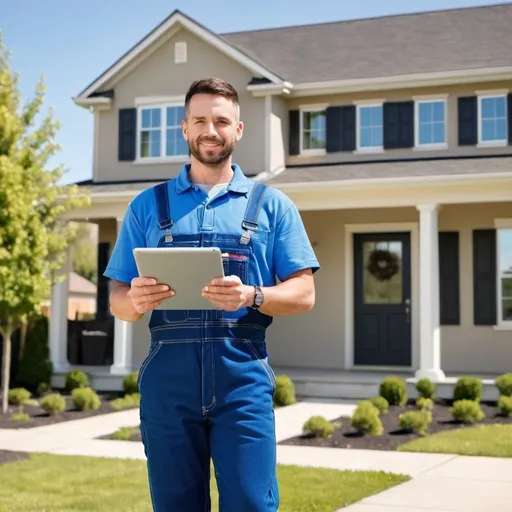 Prompt: Generate an image of a professional male mover in blue overalls standing outside of a new home holding a tablet. New house in the background moving boxes in the background.