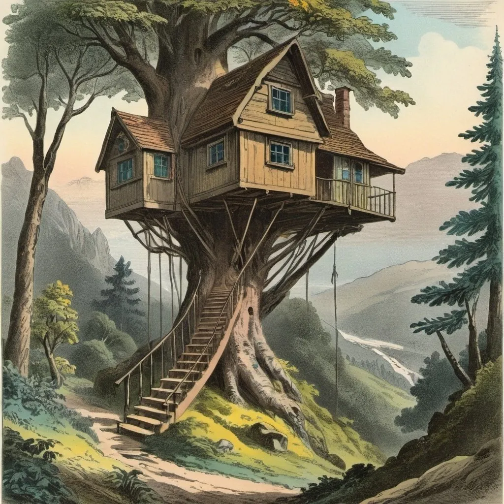 Prompt: Mountain tree house in a magical forest hand-colored vintage English engraving circa 20th century,colorful,romanticism, 