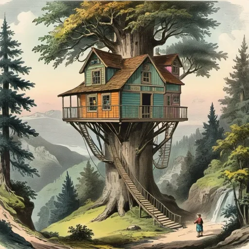 Prompt: Mountain hand-cranked tree house in a magical forest hand-colored vintage English engraving circa 20th century,colorful,romanticism, 