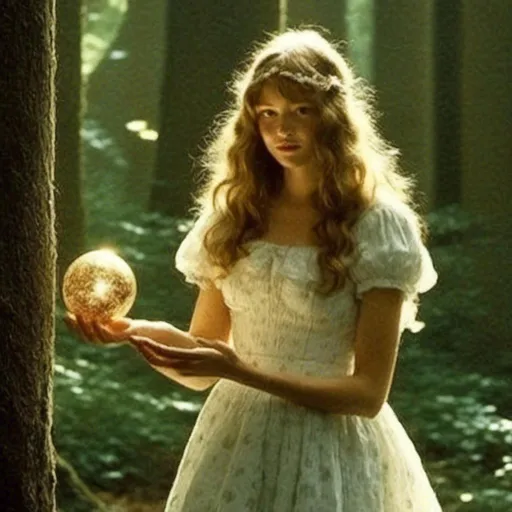 Prompt: <mymodel> female walking in the magical forest holding the ball of light in her hand and she is looking at us and she is surprised