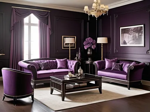 Prompt: A living room inspired by noir jazz and electroswing with Paul Follot style furniture. The dark purple is the dominant color. The frame of the furniture be dark wood