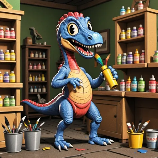 Prompt: drawn logo of a cute velociraptor tending a small unnamed shop that sells paints and sculptures