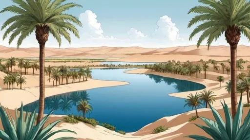 Prompt: drawing of oasis full of palm trees, with a lake in the middle of the oasis