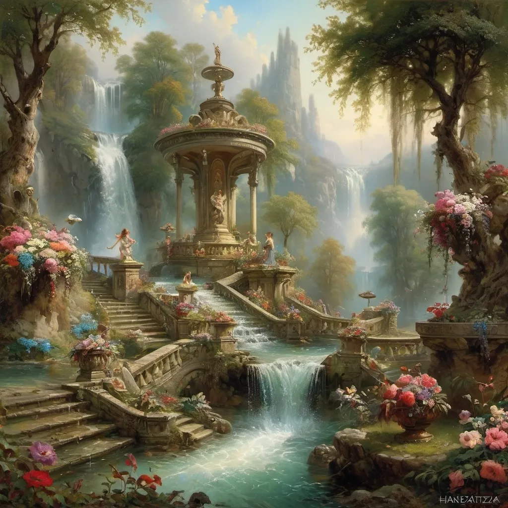 Prompt: hanz Zatzka ladies forest with flowers rivers magnificent waterfalls fountains 
