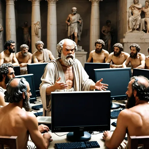 Prompt: Socrates lecturing in ancient greece surround by desktop computers
