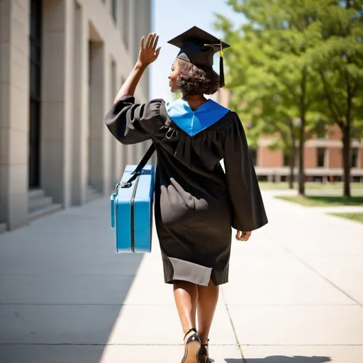 Prompt: black woman with a graduation cap on with her back facing us. Walking from the right and waving goodbye to a building on the left while holding a brief case. 