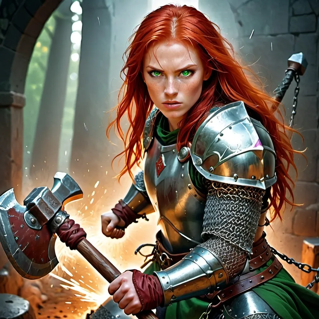 Prompt: human, fighter, magical aura, red hair, green eyes, holding a hammer and shield, chain mail armor, fantasy art, photorealistic, hyperrealism, medieval fantasy, high-res, detailed, professional, atmospheric lighting, portrait 3/4 view