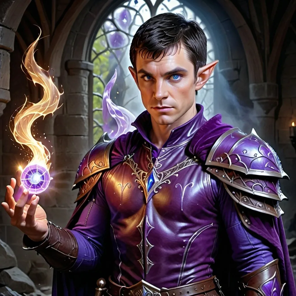 Prompt: half-elf, muscular, warlock, magical aura, short dark hair, blue eyes, casting a spell, dark purple leather armor, fantasy art, photorealistic, hyperrealism, medieval fantasy, intricate embroidery, enchanting aura, high-res, detailed, professional, atmospheric lighting, portrait 3/4 view