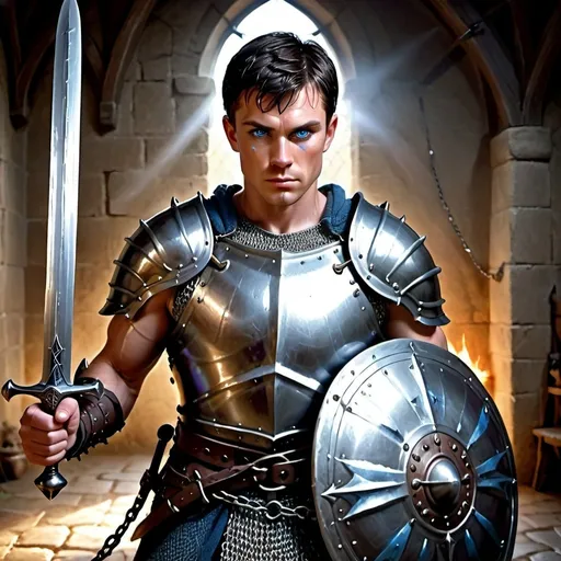 Prompt: human, muscular, fighter, magical aura, short dark hair, blue eyes, holding a long sword and shield, chain mail armor, fantasy art, photorealistic, hyperrealism, medieval fantasy, high-res, detailed, professional, atmospheric lighting, portrait 3/4 view