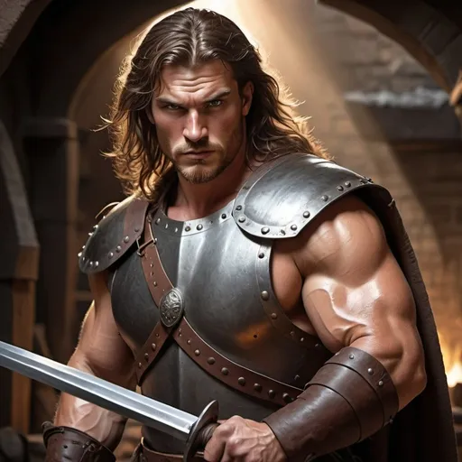 Prompt: Realistic, life-like illustration of a large male blacksmith, long brown hair, holding a longsword and shield, detailed facial features, high quality, realistic, fantasy, detailed hair, muscular build, professional lighting, detailed chest armor, intense gaze, rugged appearance, dynamic pose, earthy tones, atmospheric lighting