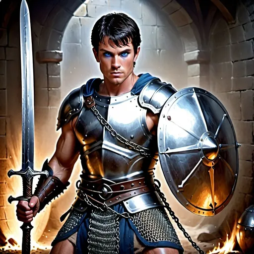 Prompt: human, muscular, fighter, magical aura, short dark hair, blue eyes, holding a long sword and shield, chain mail armor, fantasy art, photorealistic, hyperrealism, medieval fantasy, high-res, detailed, professional, atmospheric lighting, portrait 3/4 view